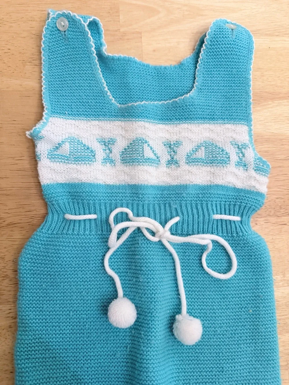 Vintage Grants Knit Footie Romper Overall Outfit Sailboat Teal White 12 Months